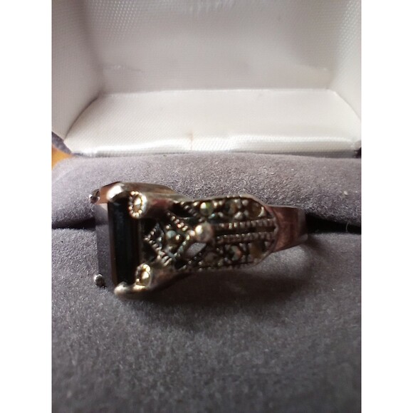 VTG Black Onyx Art Deco Ring Sterling Stamped 925 Size 7 - Picture 4 of 6